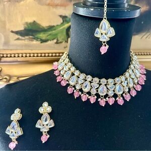 Pakistani Indian Gold Plated Beads Mirrored Elegant Pink and Gold Jewelry Set